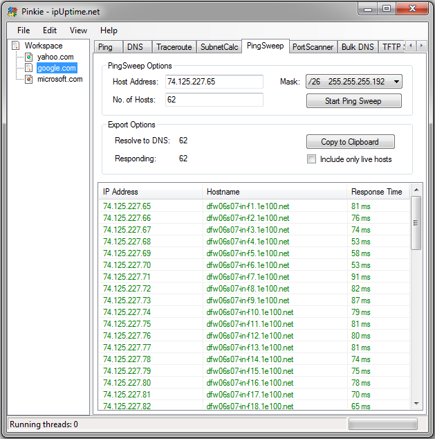 Click on Copy to Clipboard to export the result to a tab delimited list or click on a host to copy the IP address