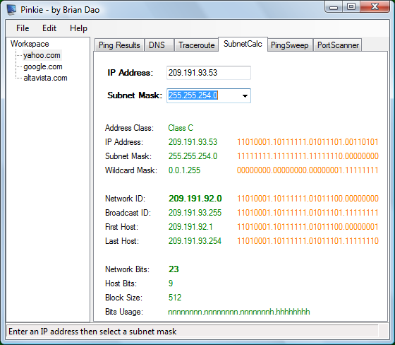 screenshot - subnet calculator